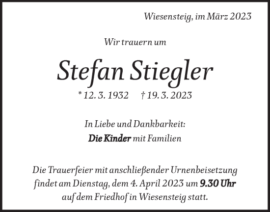 Traueranzeige von Stefan Stiegler von Geislinger Zeitung