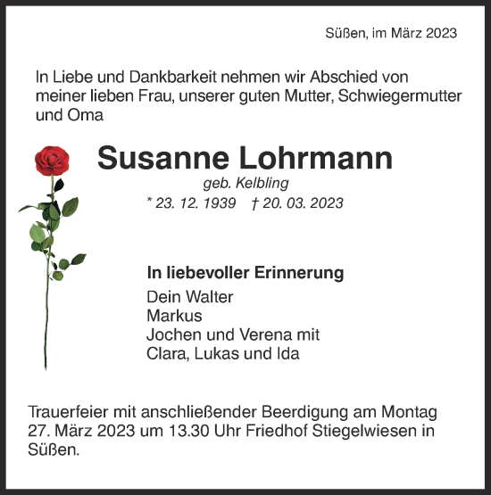 Traueranzeige von Susanne Lohrmann von NWZ Neue Württembergische Zeitung/Geislinger Zeitung