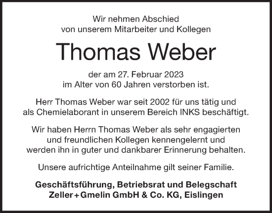 Traueranzeige von Thomas Weber von NWZ Neue Württembergische Zeitung