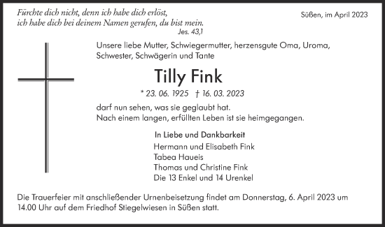 Traueranzeige von Tilly Fink von NWZ Neue Württembergische Zeitung