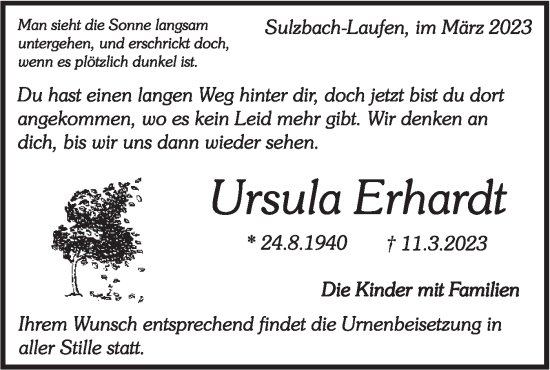 Traueranzeige von Ursula Erhardt von Rundschau Gaildorf