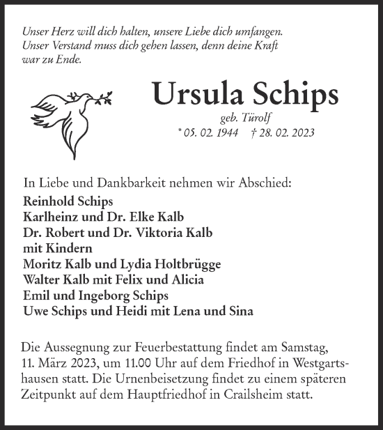 Traueranzeige von Ursula Schips von Hohenloher Tagblatt