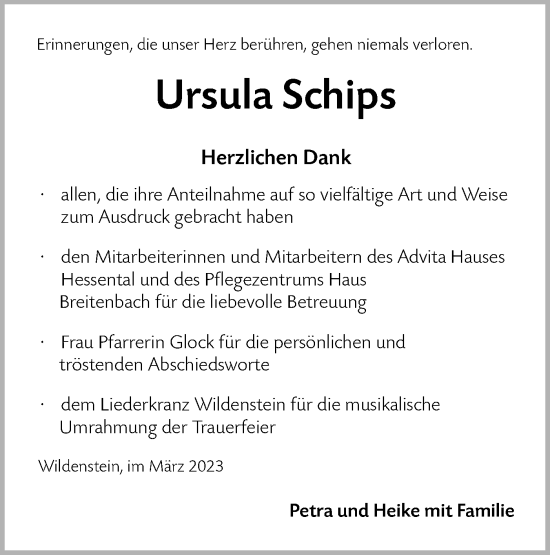 Traueranzeige von Ursula Schips von Hohenloher Tagblatt