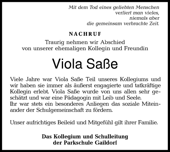 Traueranzeige von Viola Saße von Rundschau Gaildorf