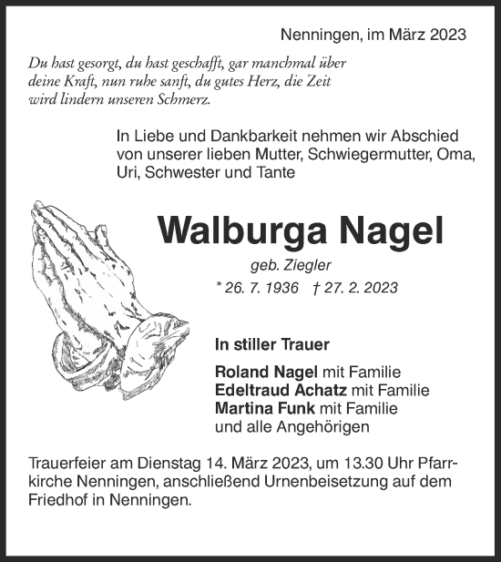 Traueranzeige von Walburga Nagel von NWZ Neue Württembergische Zeitung