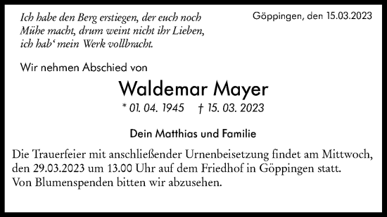 Traueranzeige von Waldemar Mayer von NWZ Neue Württembergische Zeitung