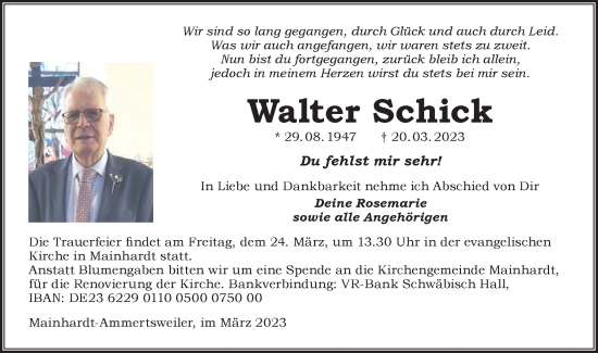 Traueranzeige von Walter Schick von Haller Tagblatt