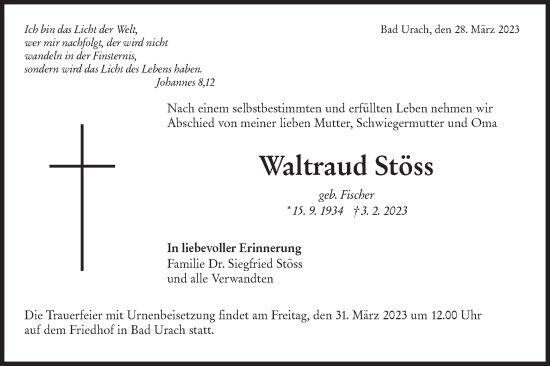 Traueranzeige von Waltraud Stöss von Metzinger-Uracher Volksblatt