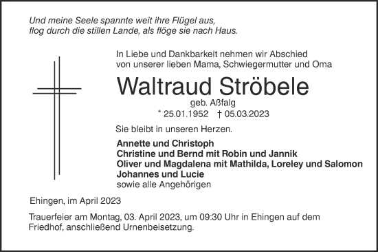 Traueranzeige von Waltraud Ströbele von Ehinger Tagblatt