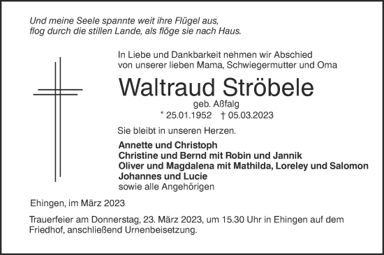 Traueranzeige von Waltraud Ströbele von Ehinger Tagblatt