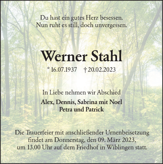 Traueranzeige von Werner Stahl von SÜDWEST PRESSE Ausgabe Ulm/Neu-Ulm