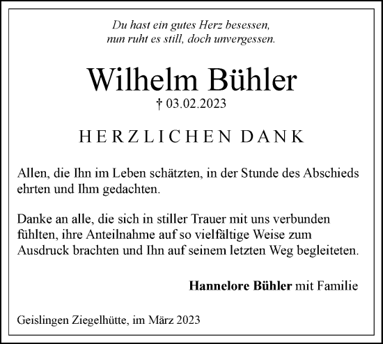 Traueranzeige von Wilhelm Bühler von Geislinger Zeitung