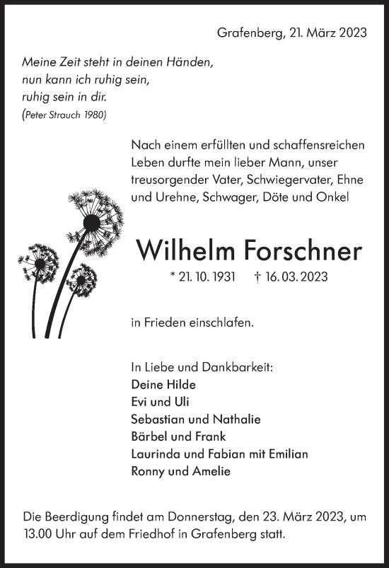 Traueranzeige von Wilhelm Forschner von Metzinger-Uracher Volksblatt