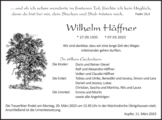 Traueranzeige von Wilhelm Häffner von Haller Tagblatt