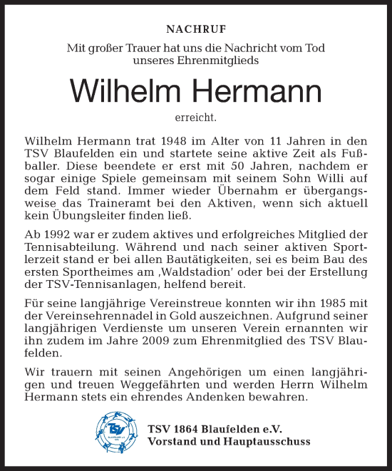 Traueranzeige von Wilhelm Hermann von Hohenloher Tagblatt