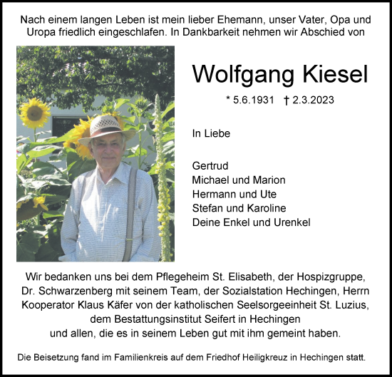 Traueranzeige von Wolfgang Kiesel von Metzinger-Uracher Volksblatt