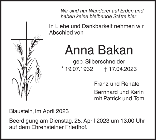 Traueranzeige von Anna Bakan von SÜDWEST PRESSE Ausgabe Ulm/Neu-Ulm