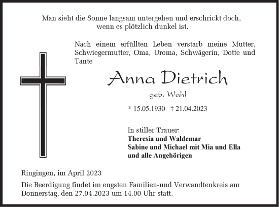 Traueranzeige von Anna Dietrich von Metzinger-Uracher Volksblatt