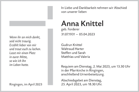 Traueranzeige von Anna Knittel von SÜDWEST PRESSE Ausgabe Ulm/Neu-Ulm