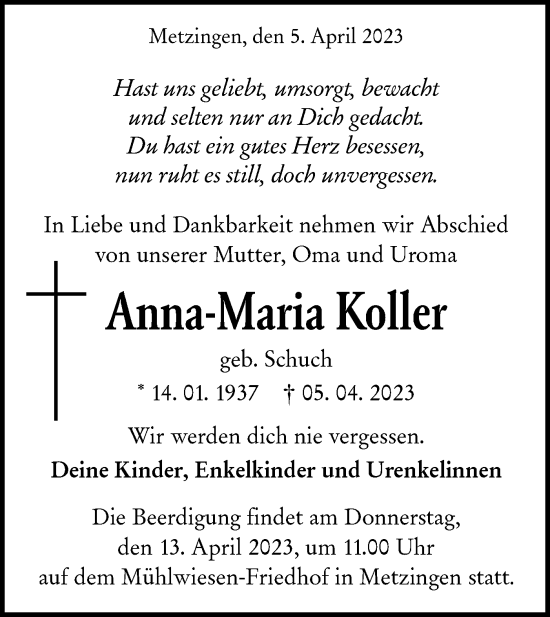 Traueranzeige von Anna-Maria Koller von Metzinger-Uracher Volksblatt