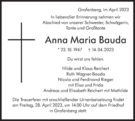 Traueranzeige von Anna Maria Bauda von Metzinger-Uracher Volksblatt