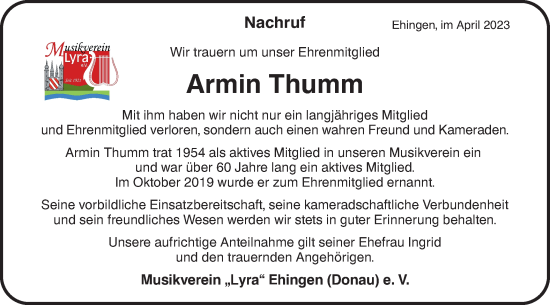 Traueranzeige von Armin Thumm von Ehinger Tagblatt