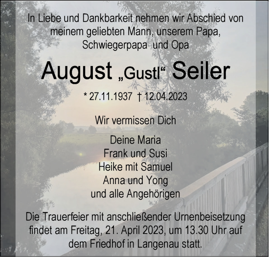 Traueranzeige von August Seiler von SÜDWEST PRESSE Ausgabe Ulm/Neu-Ulm