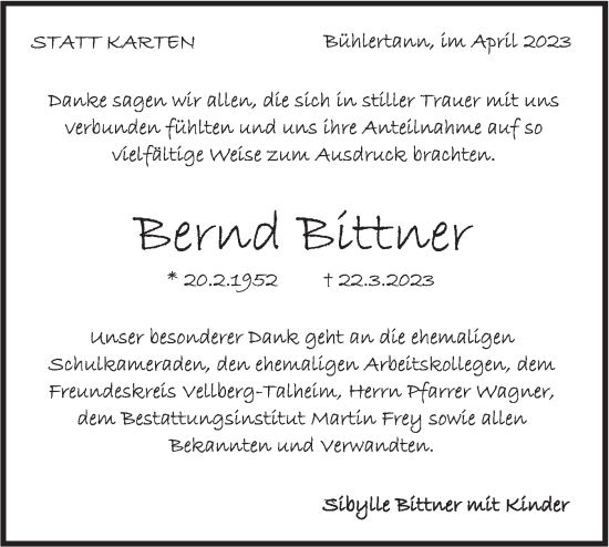 Traueranzeige von Bernd Bittner von Rundschau Gaildorf