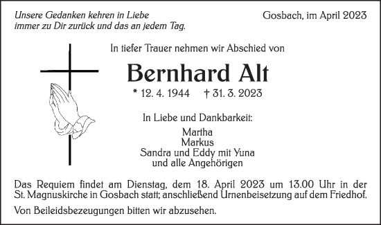 Traueranzeige von Bernhard Alt von Geislinger Zeitung