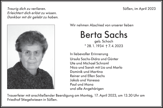 Traueranzeige von Berta Sachs von NWZ Neue Württembergische Zeitung