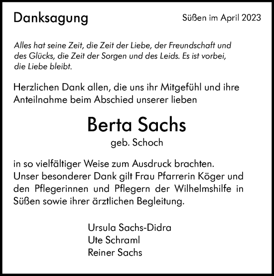 Traueranzeige von Berta Sachs von NWZ Neue Württembergische Zeitung