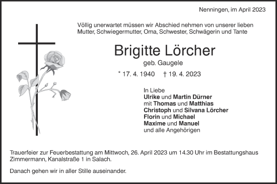 Traueranzeige von Brigitte Lörcher von NWZ Neue Württembergische Zeitung