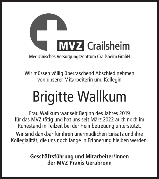 Traueranzeige von Brigitte Wallkum von Hohenloher Tagblatt