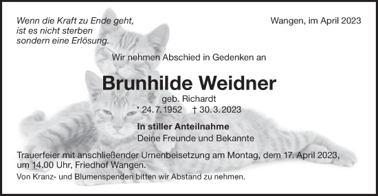 Traueranzeige von Brunhilde Weidner von NWZ Neue Württembergische Zeitung