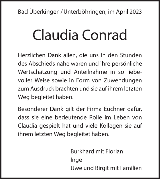 Traueranzeige von Claudia Conrad von Geislinger Zeitung