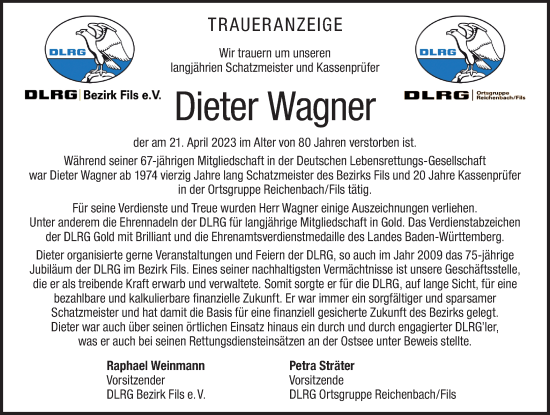 Traueranzeige von Dieter Wagner von NWZ Neue Württembergische Zeitung