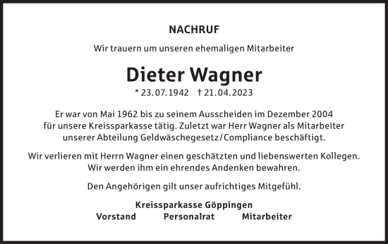 Traueranzeige von Dieter Wagner von NWZ Neue Württembergische Zeitung/Geislinger Zeitung