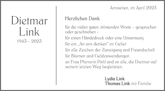 Traueranzeige von Dietmar Link von Geislinger Zeitung