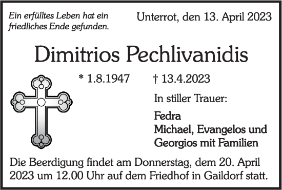 Traueranzeige von Dimitrios Pechlivanidis von Rundschau Gaildorf