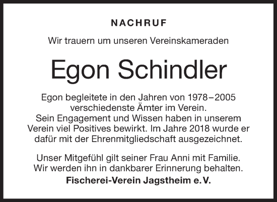 Traueranzeige von Egon Schindler von Hohenloher Tagblatt