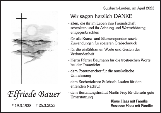 Traueranzeige von Elfriede Bauer von Rundschau Gaildorf