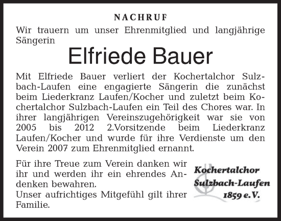 Traueranzeige von Elfriede Bauer von Rundschau Gaildorf