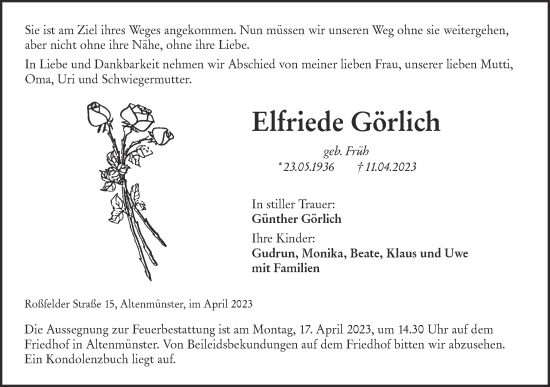 Traueranzeige von Elfriede Görlich von Hohenloher Tagblatt