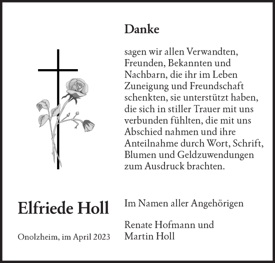 Traueranzeige von Elfriede Holl von Hohenloher Tagblatt