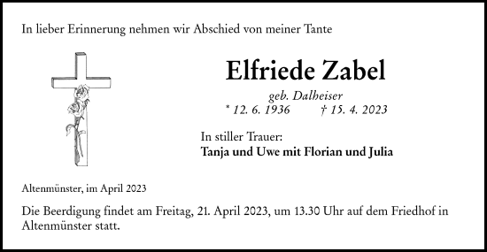 Traueranzeige von Elfriede Zabel von Hohenloher Tagblatt