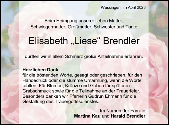 Traueranzeige von Elisabeth  Brendler von Metzinger-Uracher Volksblatt