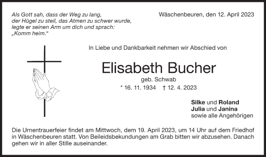 Traueranzeige von Elisabeth Bucher von NWZ Neue Württembergische Zeitung