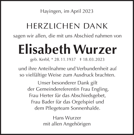 Traueranzeige von Elisabeth Wurzer von Alb-Bote/Metzinger-Uracher Volksblatt