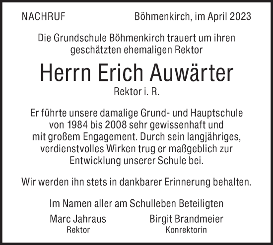 Traueranzeige von Erich Auwärter von Geislinger Zeitung