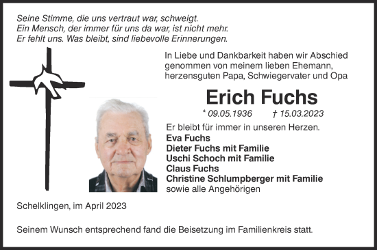 Traueranzeige von Erich Fuchs von Ehinger Tagblatt